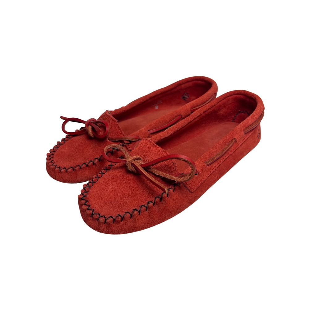 Peace Moccasins Tabitha Red Suede Moccasin Loafers Womens 8 Whipstitch Bow